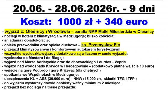 Pielgrzymka do Medziugorie 20.06-28.06 2026 – 9 dni
